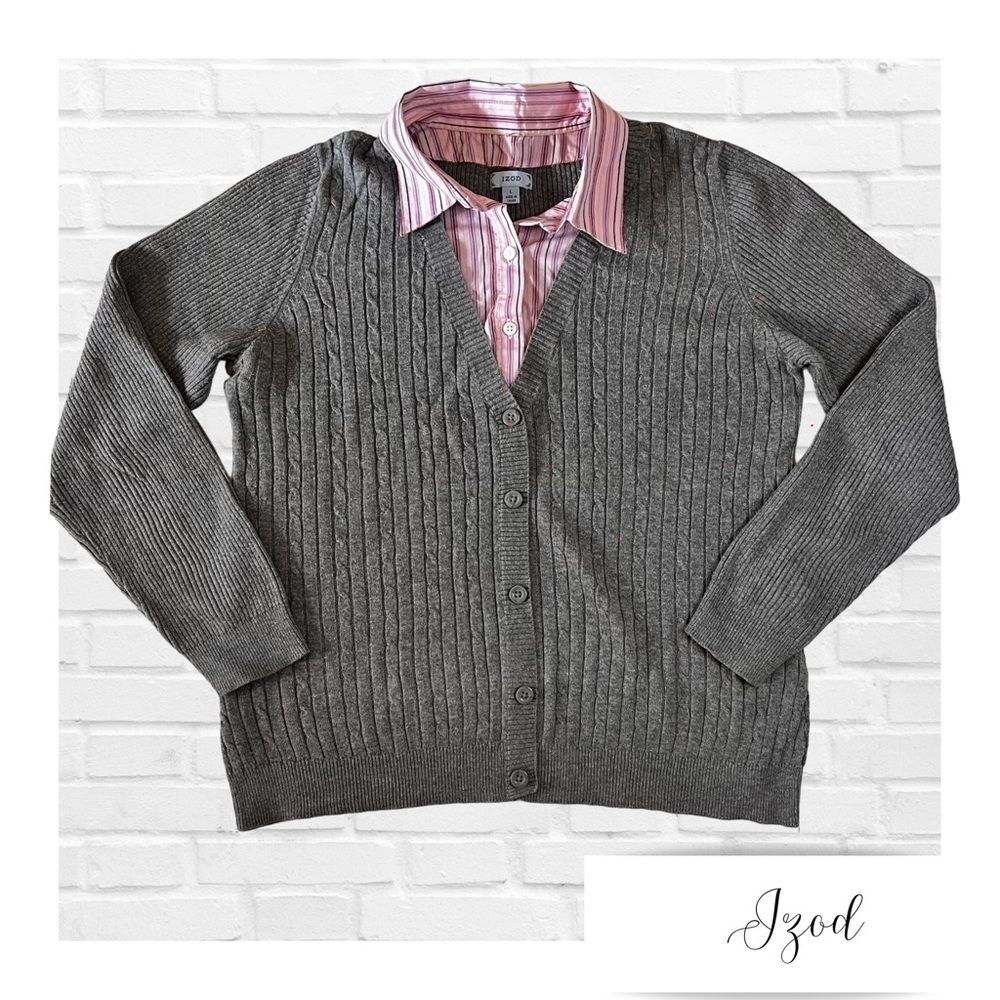 IZOD Size Large Cable Knit Faux Cardigan Pink Gray Eclectic Grandpa Preppy